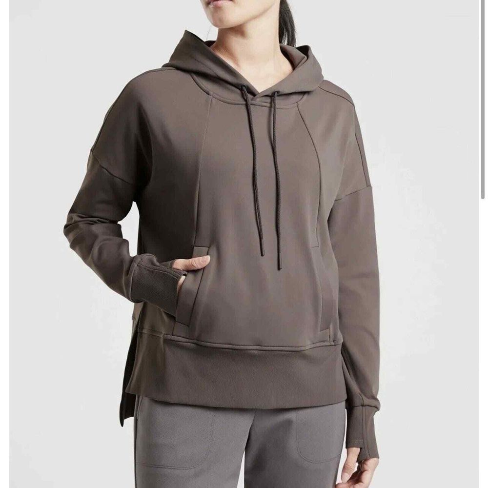 Athleta Sweatshirt Womens M Mission Hoodie Shale High Low Side‎ Slit Pullover